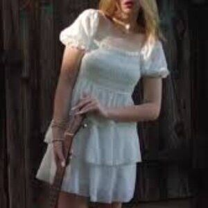 Urban Outfitters White puff sleeve organdy lace frill mini dress Size M